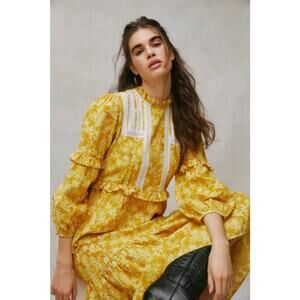 Laura Ashley Urban Outfitters Dress Womens XS Yellow Floral Prairie Midi Lace